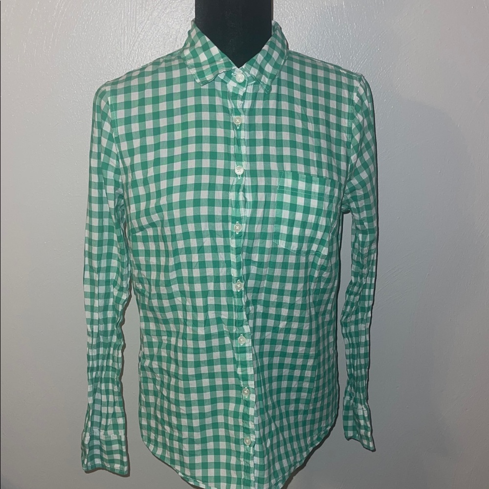 J.Crew Women’s Green & White Gingham Button-Down Shirt M Classic Fit